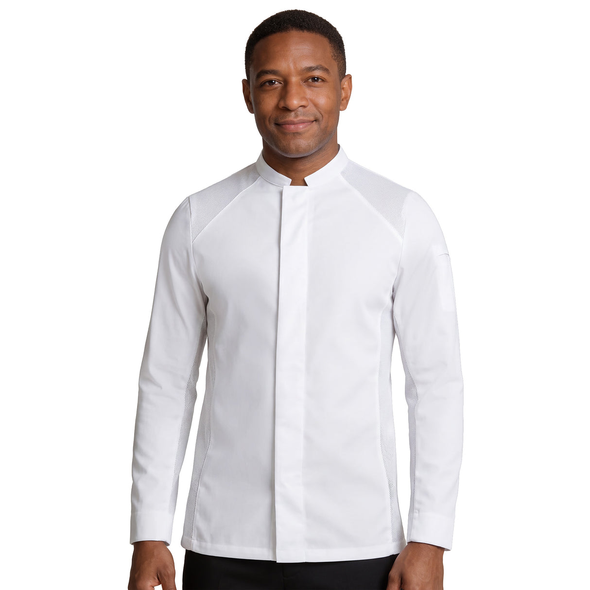 Restaurant chef wearing a white chef's coat with premium fabric and breathable mesh panels.