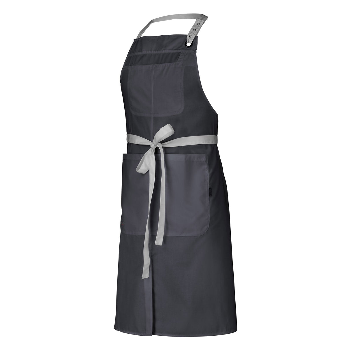 Waitress wearing a dark gray bib apron with light grey adjustable neck strap and ties, a bib pocket, and a large twin-compartment pocket on the chest.