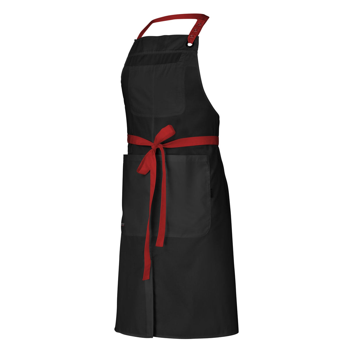 Ablack bib apron with red adjustable neck strap and ties, a bib pocket, and a large twin-compartment pocket on the chest.
