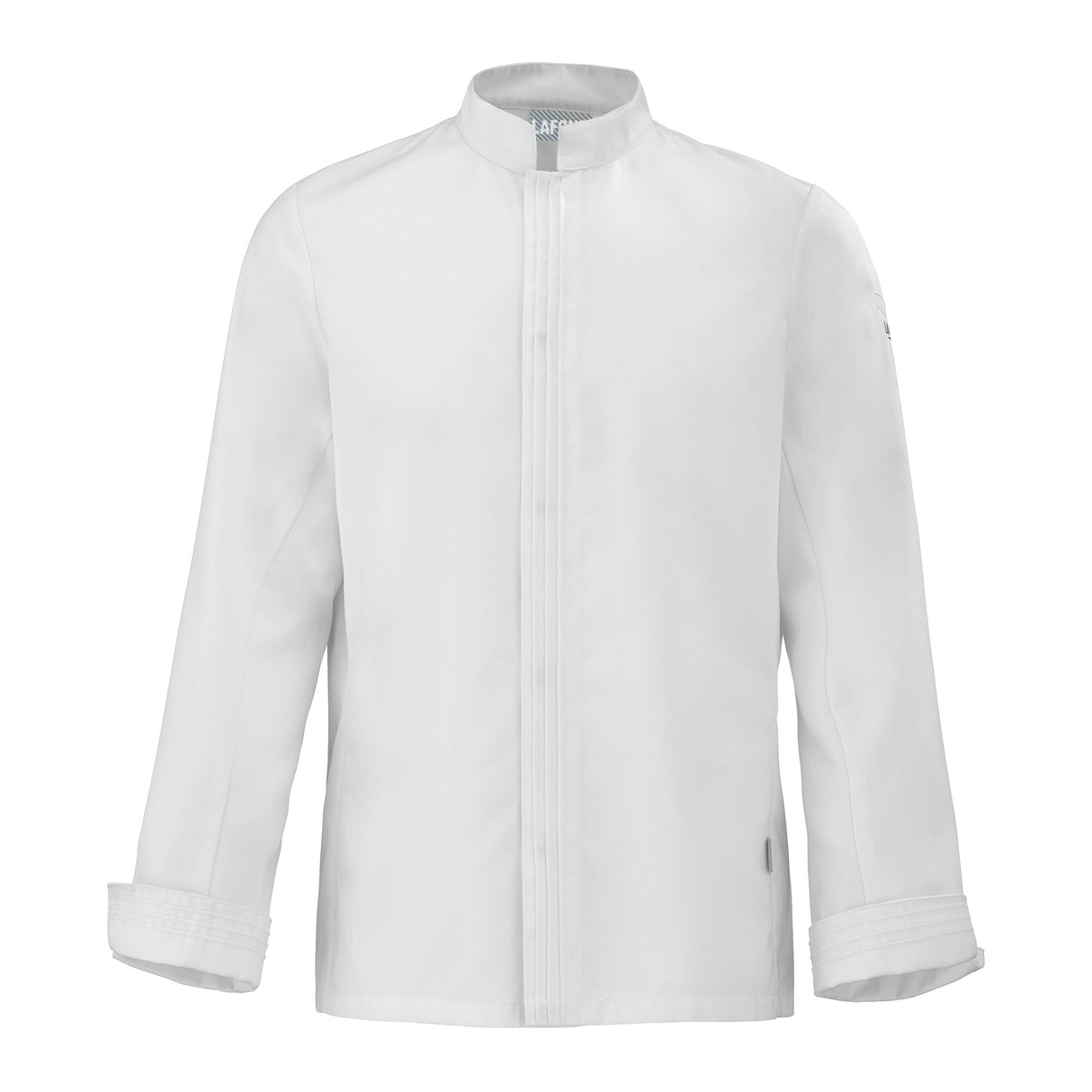 Front view of a Michelin chef white long sleeve chef's coat on a white background