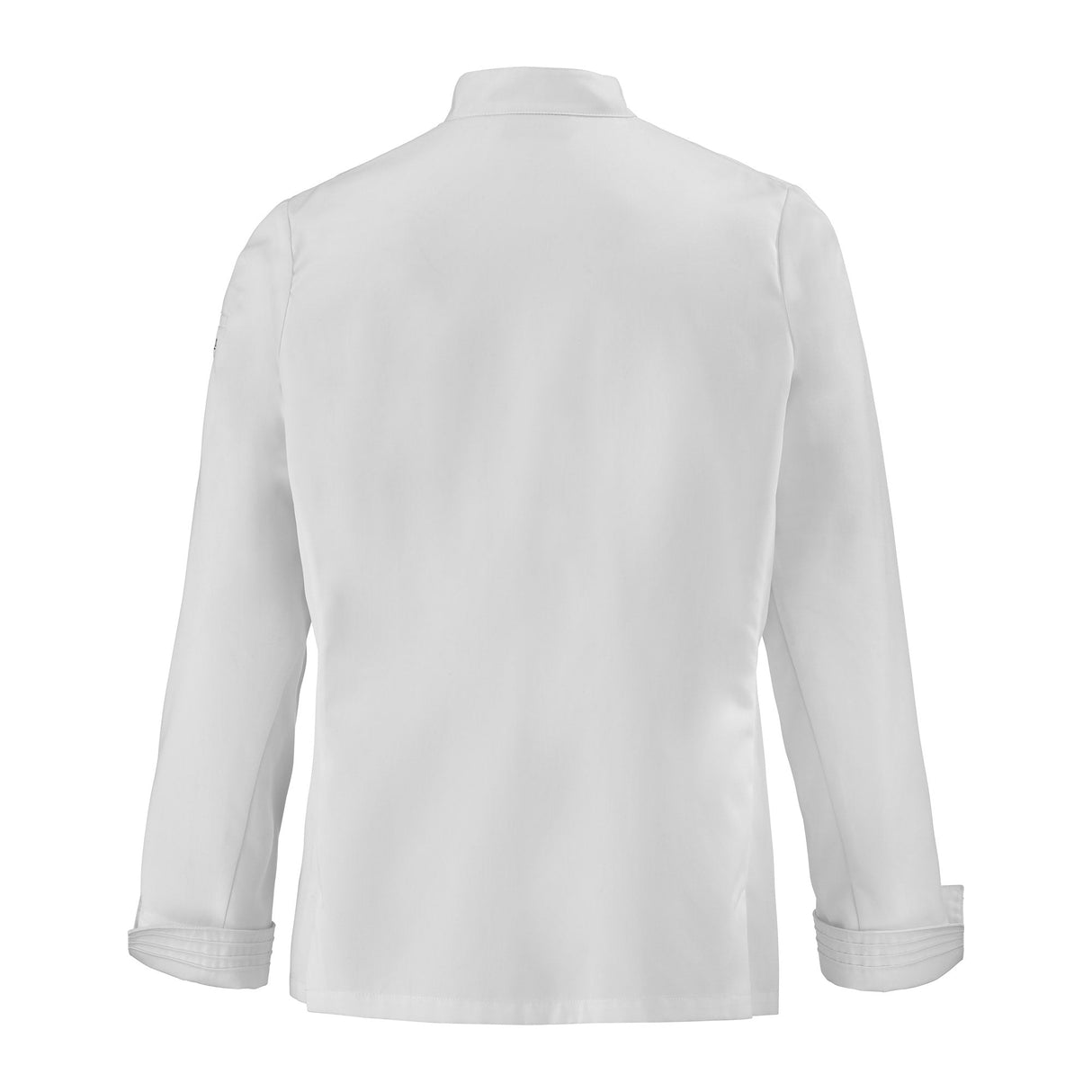 Back view of a Michelin chef white long sleeve chef's coat on a white background