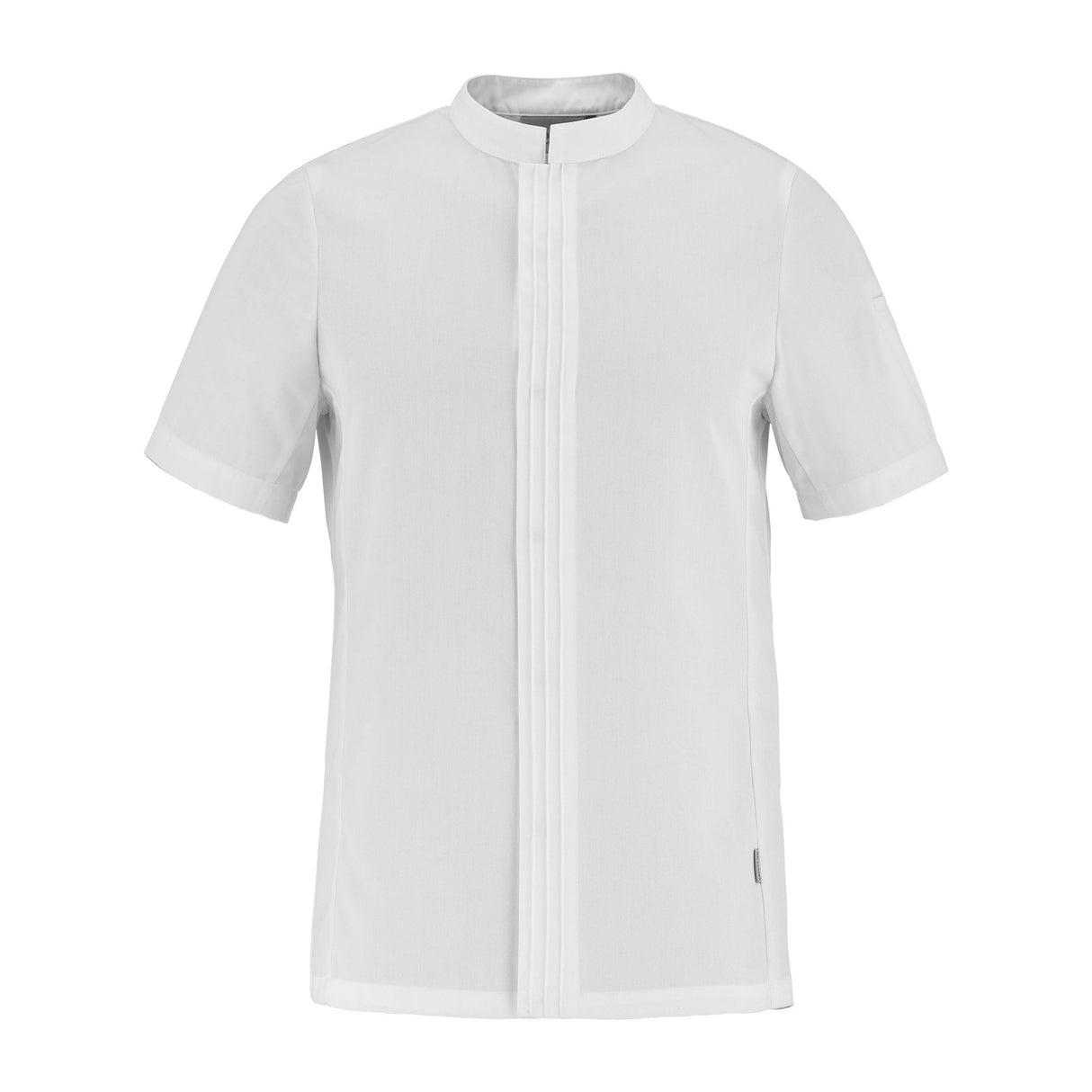 Front view of a white short-sleeve chef jacket with hidden closure on a white background