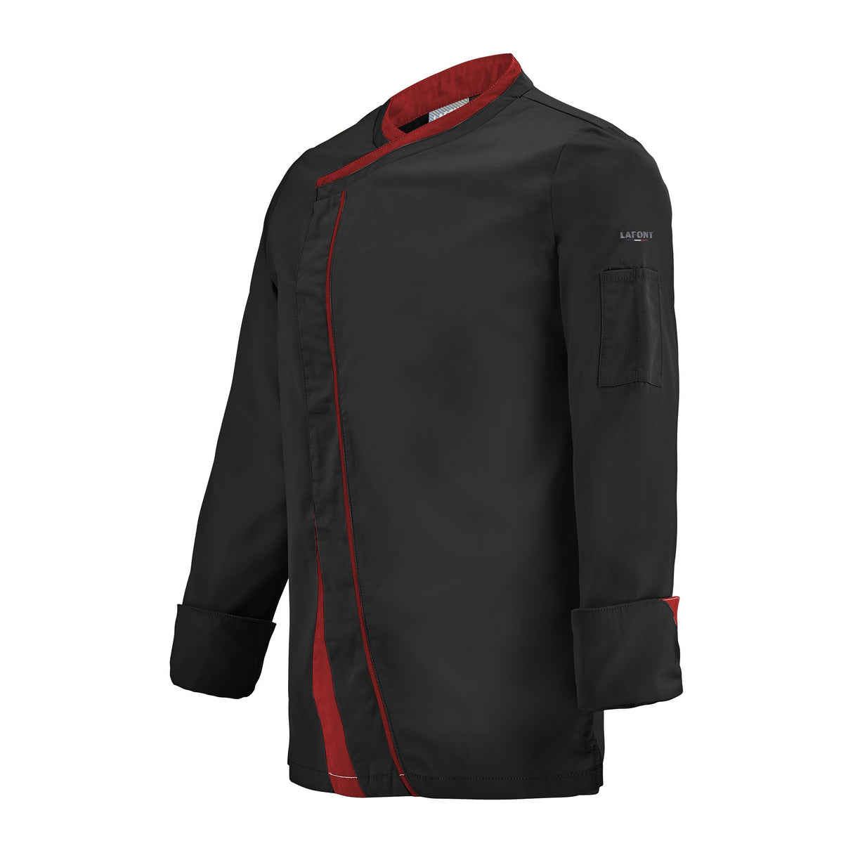 A black chef's coat with red contrast contrast detail and crossover closure with concealed fastening.