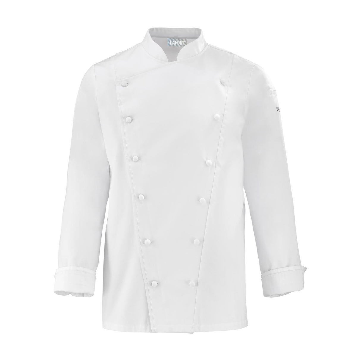 Front view of a white long-sleeve double breasted men's chef coat with buttoned closures and a small Lafont logo on the sleeve.