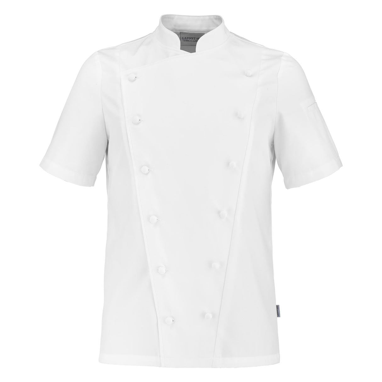 Front view of a white short sleeve PLATINE Chef jacket by Lafont