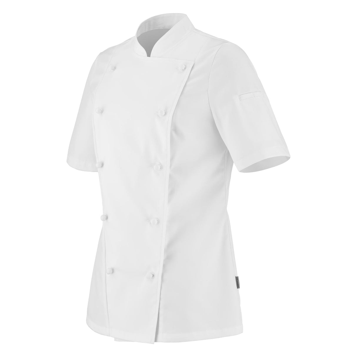 Sede view of a white, short-sleeved double-breasted women's chef coat with a mandarin collar, buttoned front, and vented cuffs.