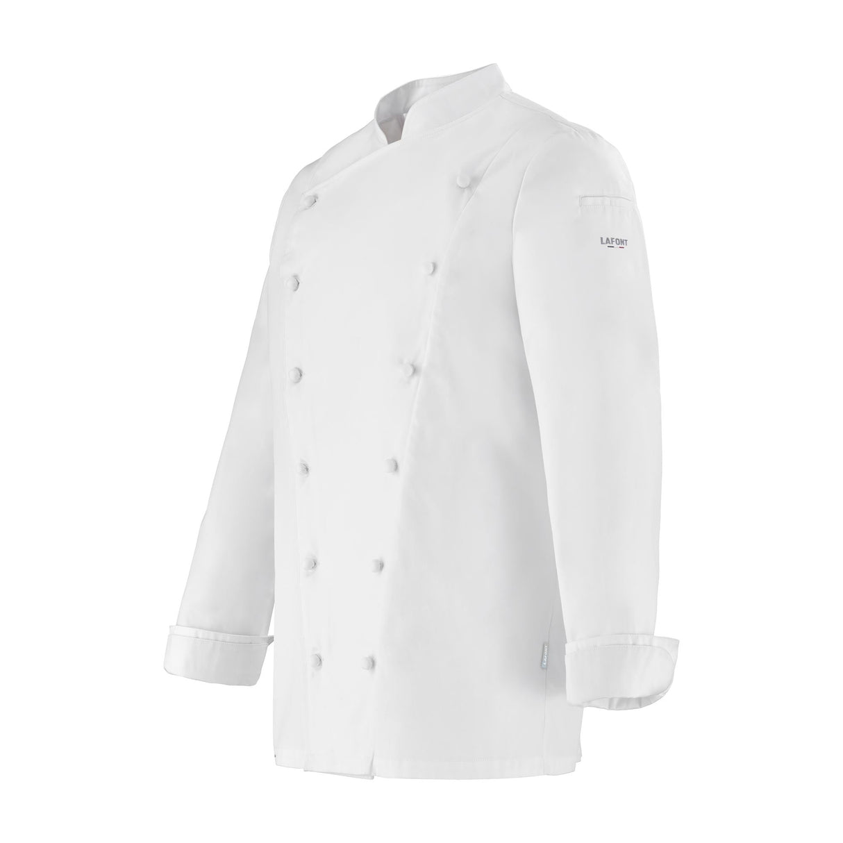 Side view of a white long-sleeve double breasted men's chef coat with buttoned closures and a small Lafont logo on the sleeve.