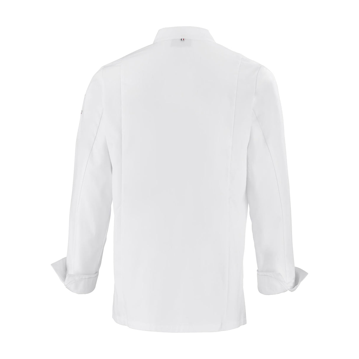 Back side view of a white long-sleeve double breasted men's chef coat with buttoned closures and a small Lafont logo on the sleeve.