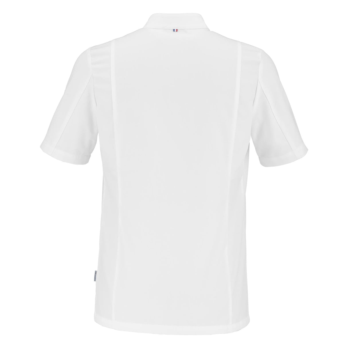 Back view of a white short sleeve PLATINE Chef jacket by Lafont