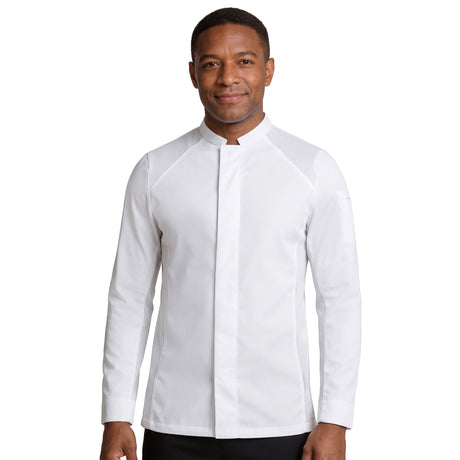 Restaurant chef wearing a white chef's coat with  premium fabric and breathable mesh panels. 