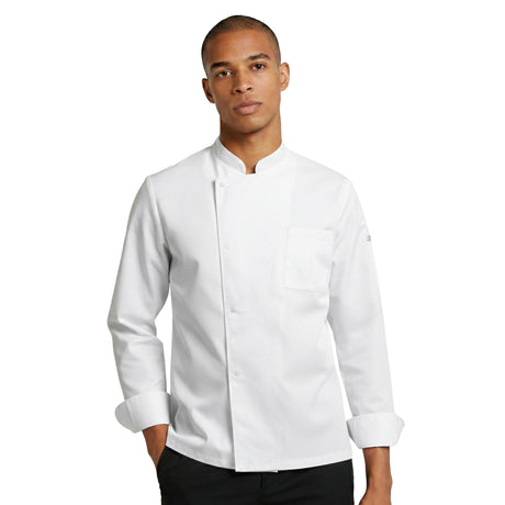 Man wearing a white chef's coat with a chest pocket