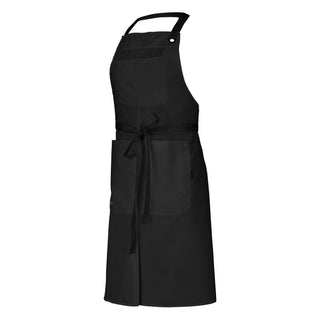A black bib apron with an adjustable neck strap, a bib pocket, and a large twin-compartment pocket on the chest.