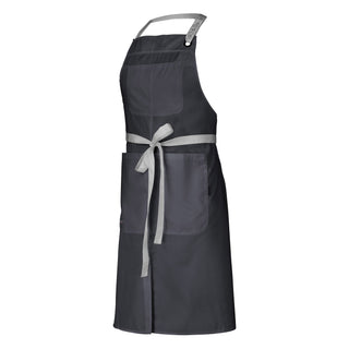Waitress wearing a dark gray bib apron with light grey adjustable neck strap and ties, a bib pocket, and a large twin-compartment pocket on the chest.