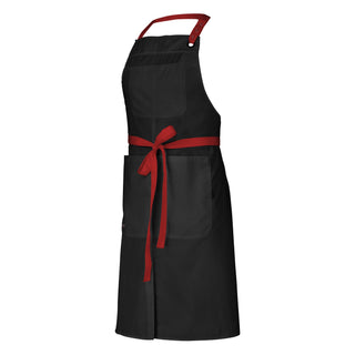 Ablack bib apron with red adjustable neck strap and ties, a bib pocket, and a large twin-compartment pocket on the chest.