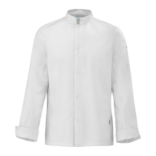 Front view of a Michelin chef white long sleeve chef's coat on a white background