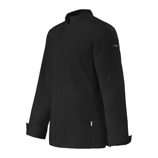 Side view of a Michelin chef black long sleeve chef's coat on a white background
