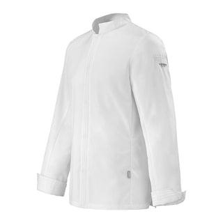 Side view of a Michelin chef white long sleeve chef's coat on a white background