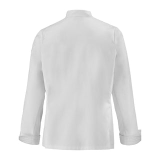 Back view of a Michelin chef white long sleeve chef's coat on a white background