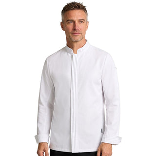 Michelin chef wearing a white long sleeve chef's coat on a white background