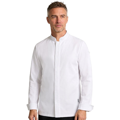 Michelin chef wearing a white long sleeve chef's coat on a white background