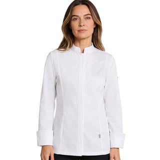 Woman wearing a white long sleeve chef's jacket on a white background