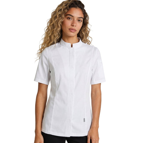 CRISTAL short sleeve chef coat on a Hispanic woman