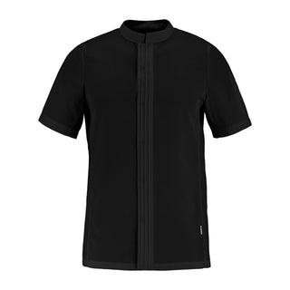 Front view of a black short-sleeve chef jacket with hidden closure on a white background