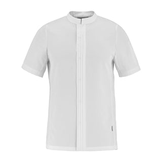 Front view of a white short-sleeve chef jacket with hidden closure on a white background