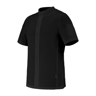 Side view of a black short-sleeve chef jacket with hidden closure on a white background