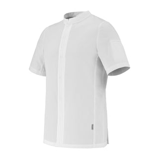 Side view of a white short-sleeve chef jacket with hidden closure on a white background