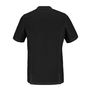 Back view of a black short-sleeve chef jacket with hidden closure on a white background