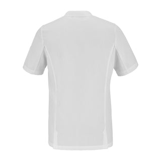 Back side view of a white short-sleeve chef jacket with hidden closure on a white background