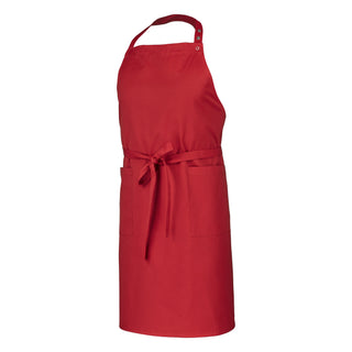 red bib apron, side view