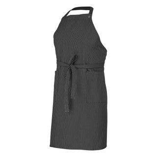 A brown bib apron with adjustable neck strap and two patch pockets, made of cotton and polyester twill.