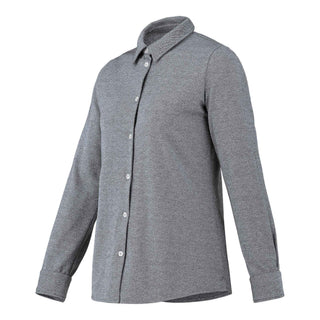 A gray, button-up women's shirt with a collar, displayed on a plain background.
