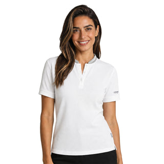 Woman wearing a white polo shirt with a mandarin collar on a white background