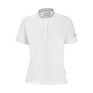 A white polo shirt with a mandarin collar 