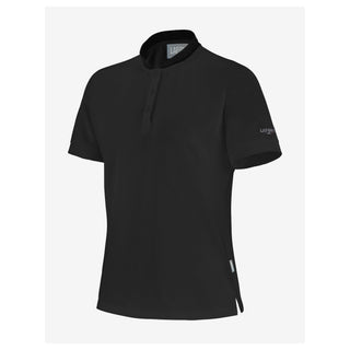 A black polo shirt with a mandarin collar on a white background