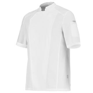 A white, short-sleeve chef coat with asymmetric front and hidden fastenings, featuring mesh panels and a sportswear-style elasticated center back.