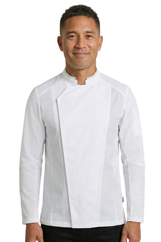 Professional chef wearing a white men's chef's coat with mesh vents to keep things cool