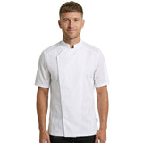 Professional chef wearing a short sleeve asymmetrical front men's chef's coat with mesh vents to keep things cool