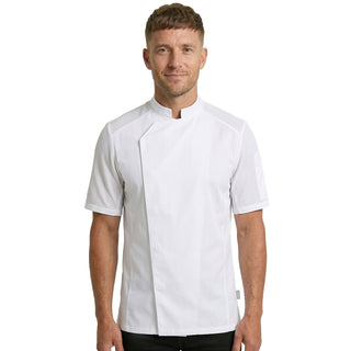 Professional chef wearing a short sleeve asymmetrical front men's chef's coat with mesh vents to keep things cool