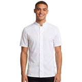 Man wearing a white short-sleeve chef coat with breathable mesh panels and Mandarin collar on a white background