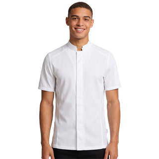 Man wearing a white short-sleeve chef coat with breathable mesh panels and Mandarin collar on a white background