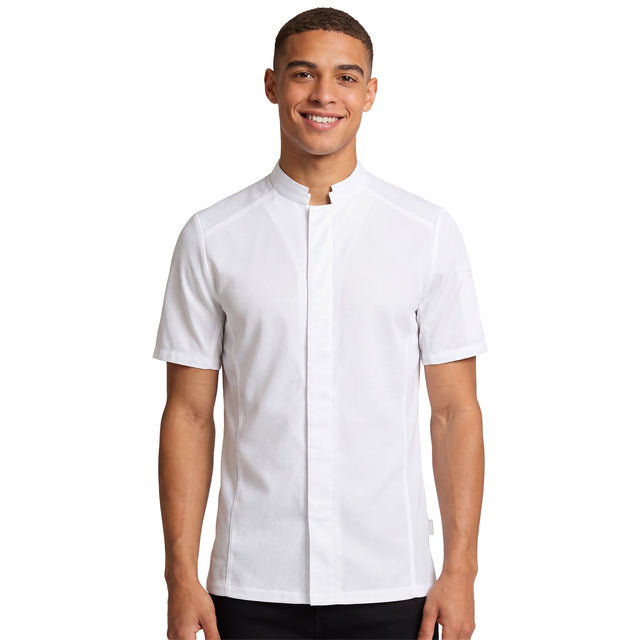 Man wearing a white short-sleeve chef coat with breathable mesh panels and Mandarin collar on a white background