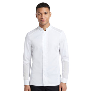 Restaurant kitchen chef wearing a white chef's jacket with long-sleeves, a mandarin collar, and a central front fastening. It features elasticated panels on the upper back and a loop on the back collar for securing an apron.