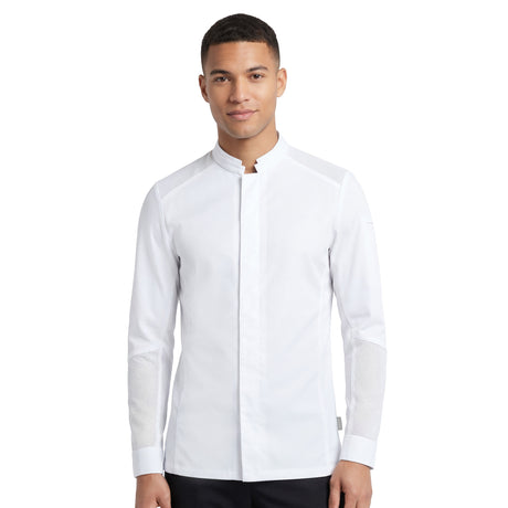Restaurant kitchen chef wearing a white chef's jacket with long-sleeves, a mandarin collar, and a central front fastening. It features elasticated panels on the upper back and a loop on the back collar for securing an apron.
