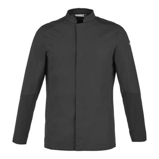 A classic black long-sleeve men's chef coat with a mandarin collar and a central front fastening.