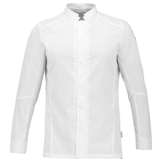 A classic white long-sleeve men's chef coat with a mandarin collar and a central front fastening.