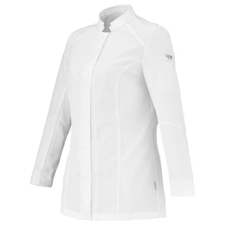 White chefs coat with a brand logo on a white background